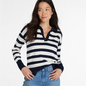 LL Bean Women's XL REG Cotton Cashmere Polo Sweater Navy Cream Stripe